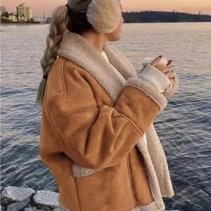 Cozy Tan Shearling Jacket thick faux suede winter warm coat